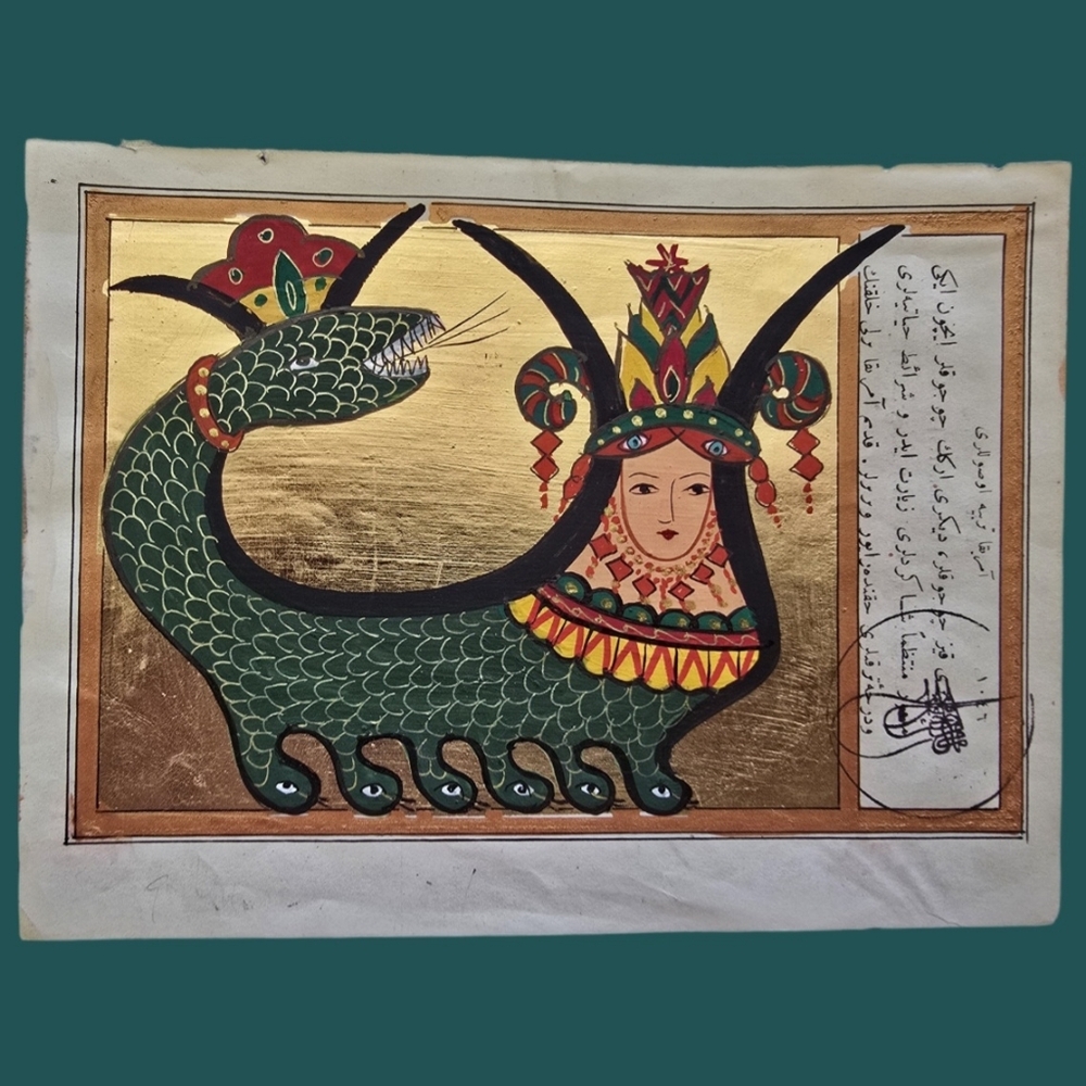 Mystical Anatolian Miniature Hand Painted Shahmaran Green Gold